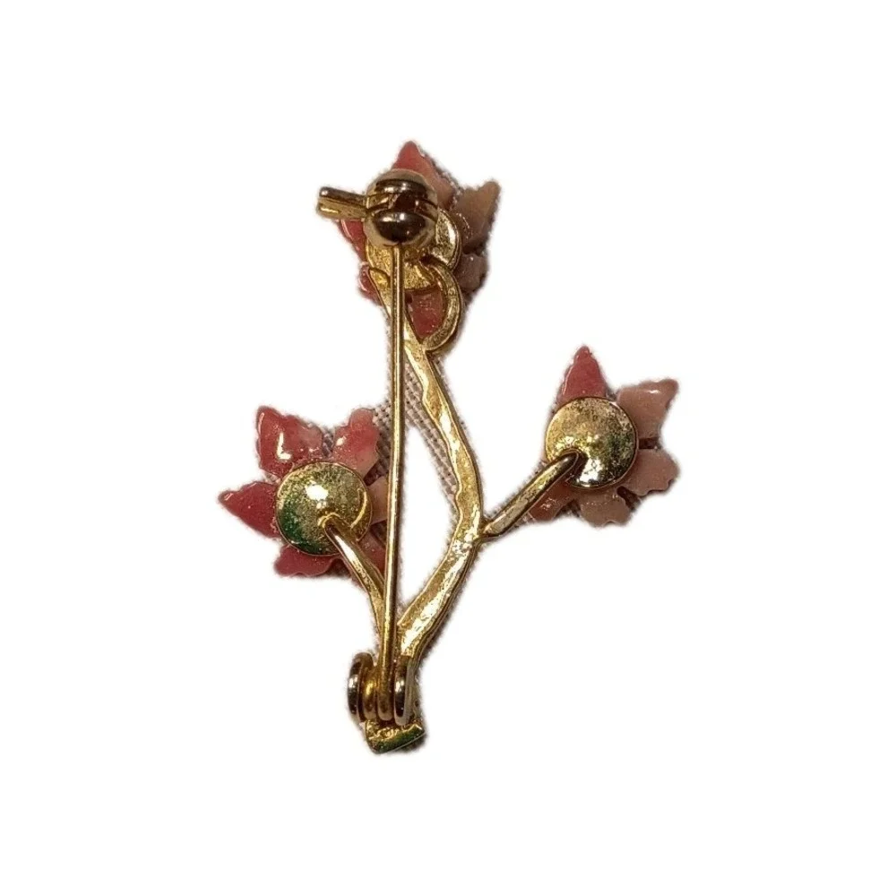 Vintage‎ Tree Branch Brooch Pin Pink Stone Leaves Coral